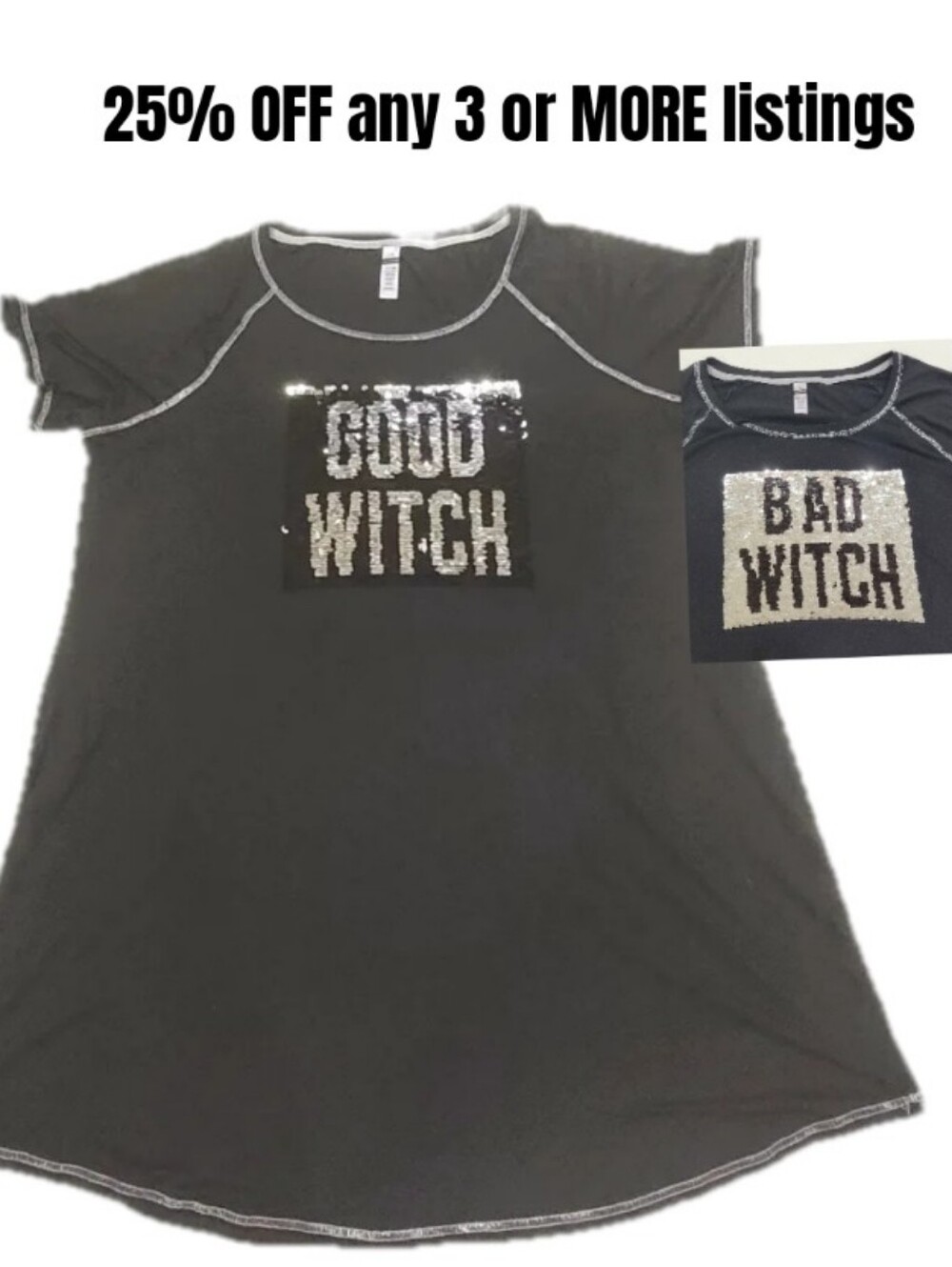Plus Size 2X Black Good Witch Bad Witch Flip-Sequin Tee Shirt Dress Sleepwear